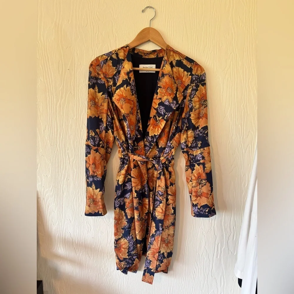 Babaton Aritzia Blue Orange Quincy Floral Trench Cardigan Jacket Wrap Dress - Picture 12 of 17